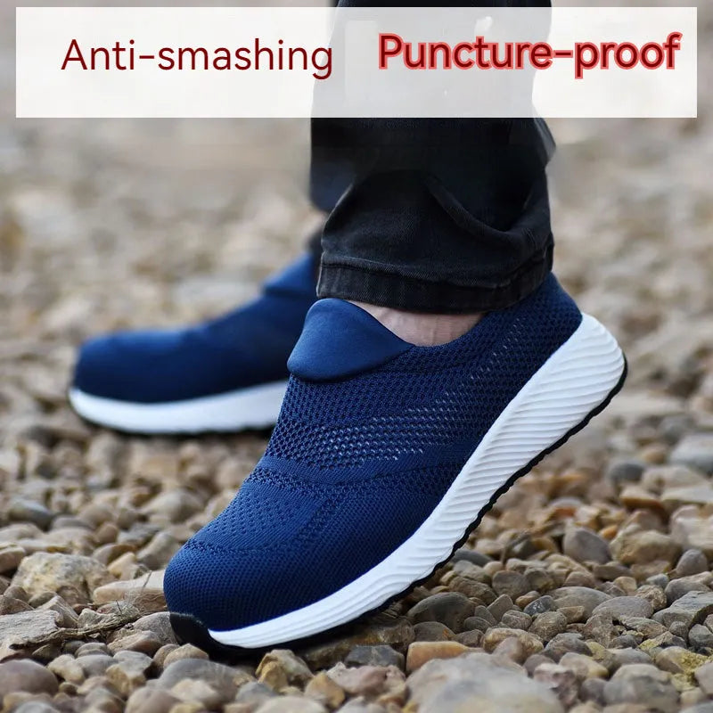 Men's lightweight steel toe work shoes with mesh upper in black blue red colours