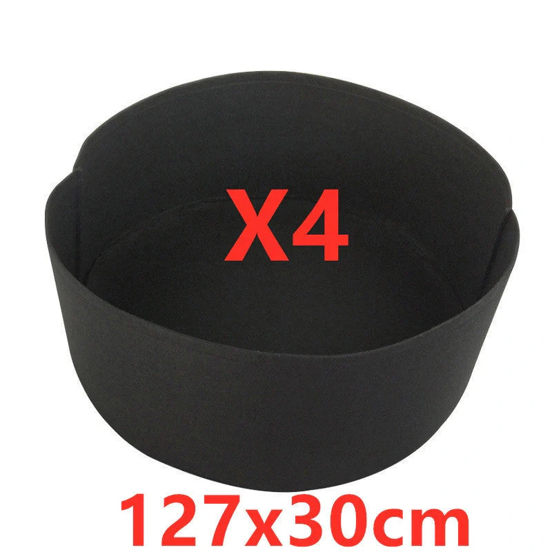 Round fabric grow bags for plants with water-retaining felt material in black and green