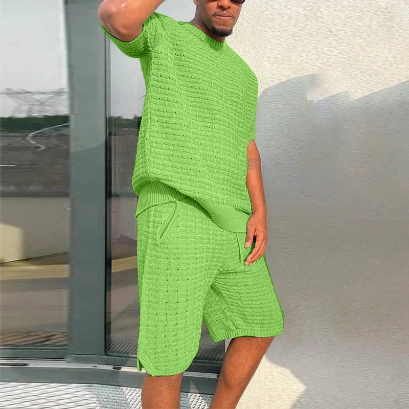 Men's summer outfit featuring a comfortable, breathable shirt and casual shorts set in a variety of color options