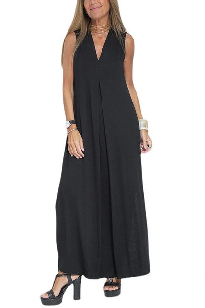 Women's V-neck sleeveless dress and long cardigan jacket set in solid colors