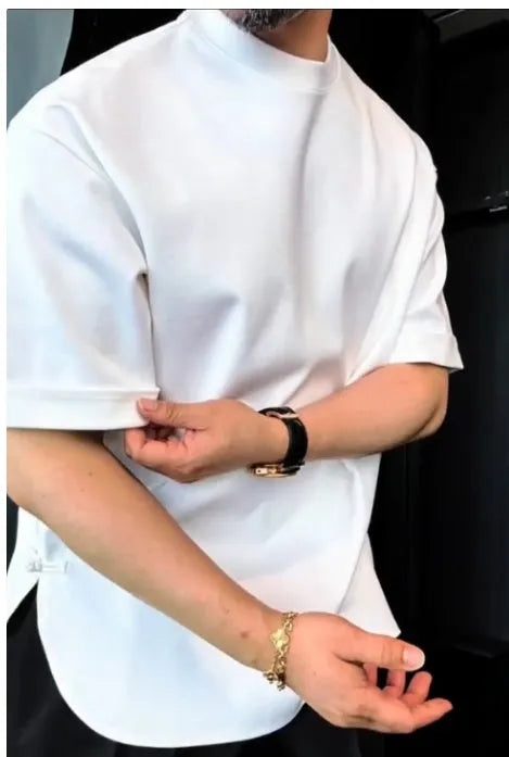 Men's white t-shirt with button placket and round hem in 100% cotton