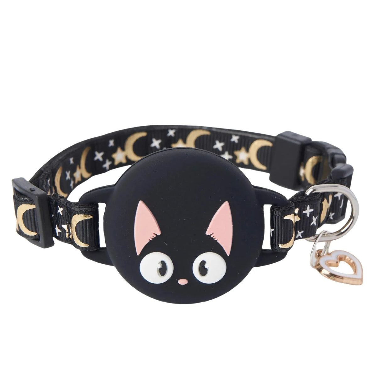 Adjustable cat collar with AirTag protective case in colour-matched design showing sizing options