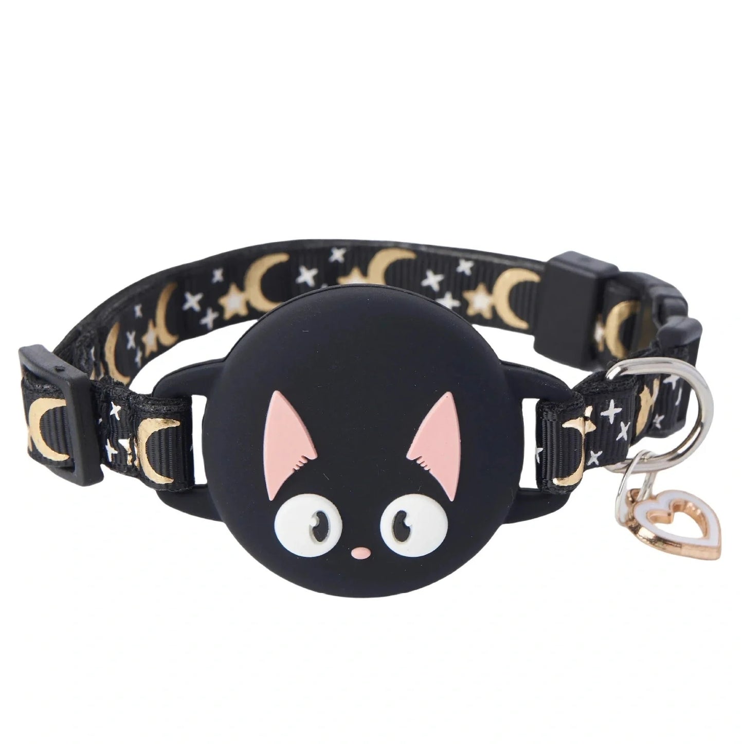 Adjustable AirTag cat collar with plastic protective case in pink, blue, light green, and black colour options