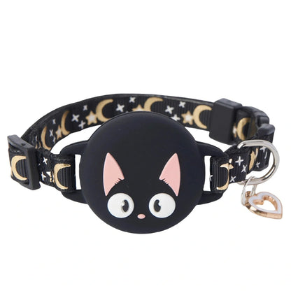 Adjustable AirTag cat collar with plastic protective case in pink, blue, light green, and black colour options
