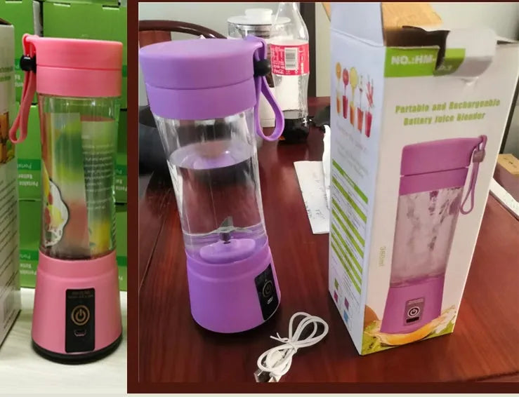 Portable USB rechargeable blender with pink colour option showing cup and six-blade design