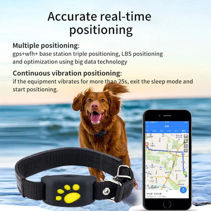Waterproof GPS pet tracker in black, sky blue, pink, and grass colour options showing compact 65.5mm design