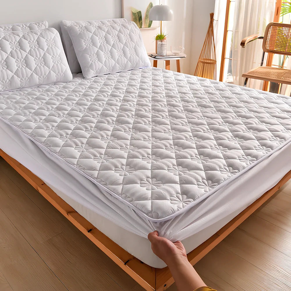 Mattress cover dust cover with brushed weave texture shown on bed, includes bed cover and pillowcase