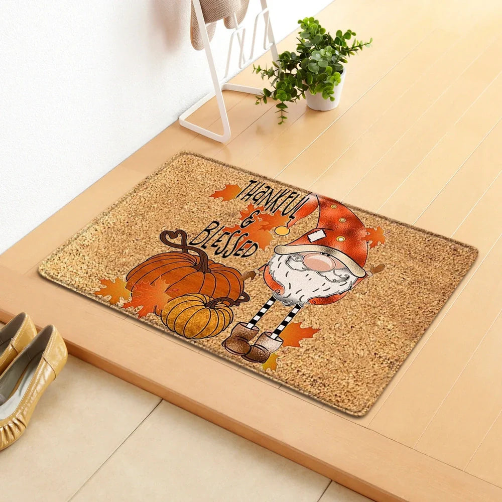 Thanksgiving pumpkin doormat measuring 40x60cm with autumn leaf design in polyester construction