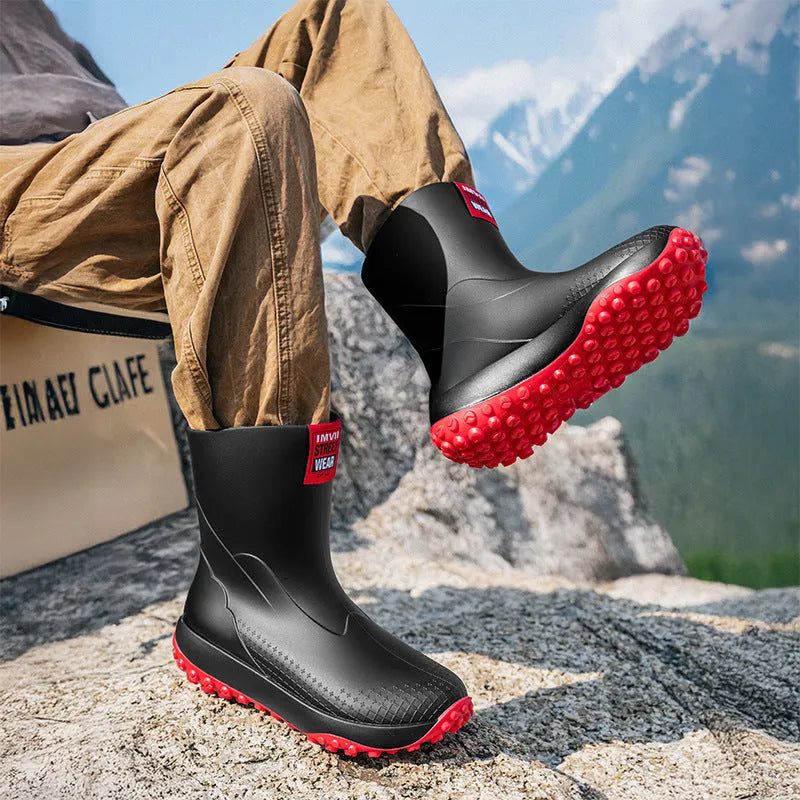 Men's mid low tube rain boots in black red colour with round toe and plastic soles