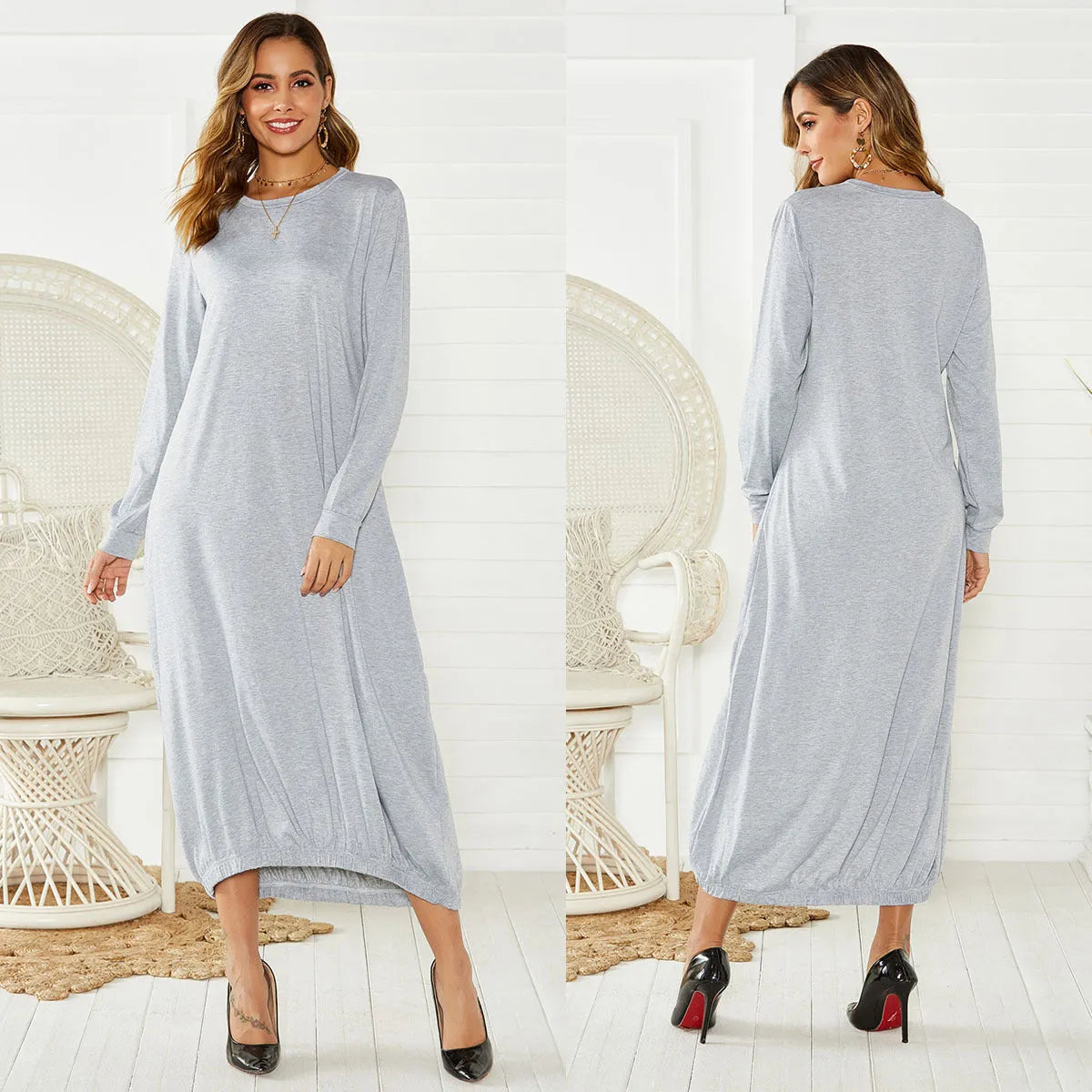 Black lantern dress with lace-up crew neck and loose fit, made from knitted polyester fabric