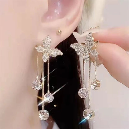 Butterfly rhinestone drop earrings with pearl tassel chain for women