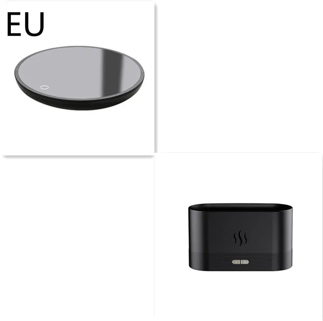 Square black aroma diffuser with flame light effect and mist output, 75x75x137mm
