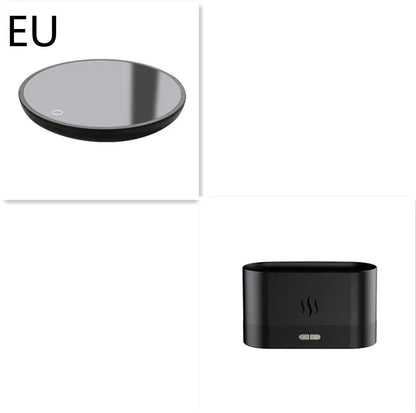Square black aroma diffuser with flame light effect and mist output, 75x75x137mm