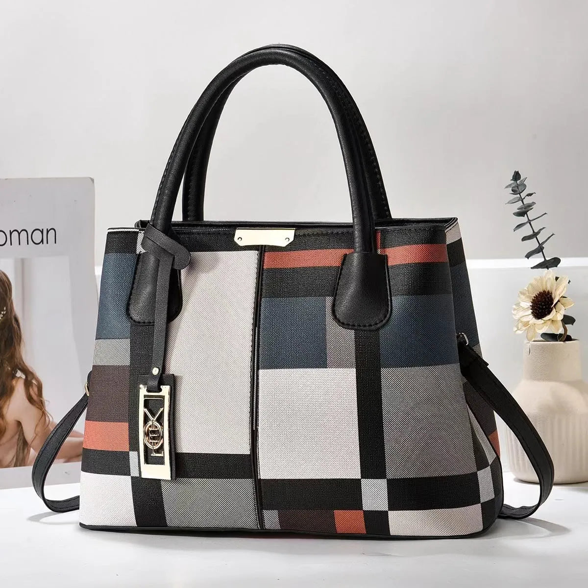 Soft PU leather large capacity shoulder bag in a horizontal square shape with an adjustable strap