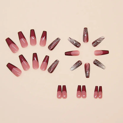 Set of 24 French line design fake nail stickers and one tube of adhesive glue on a white background.