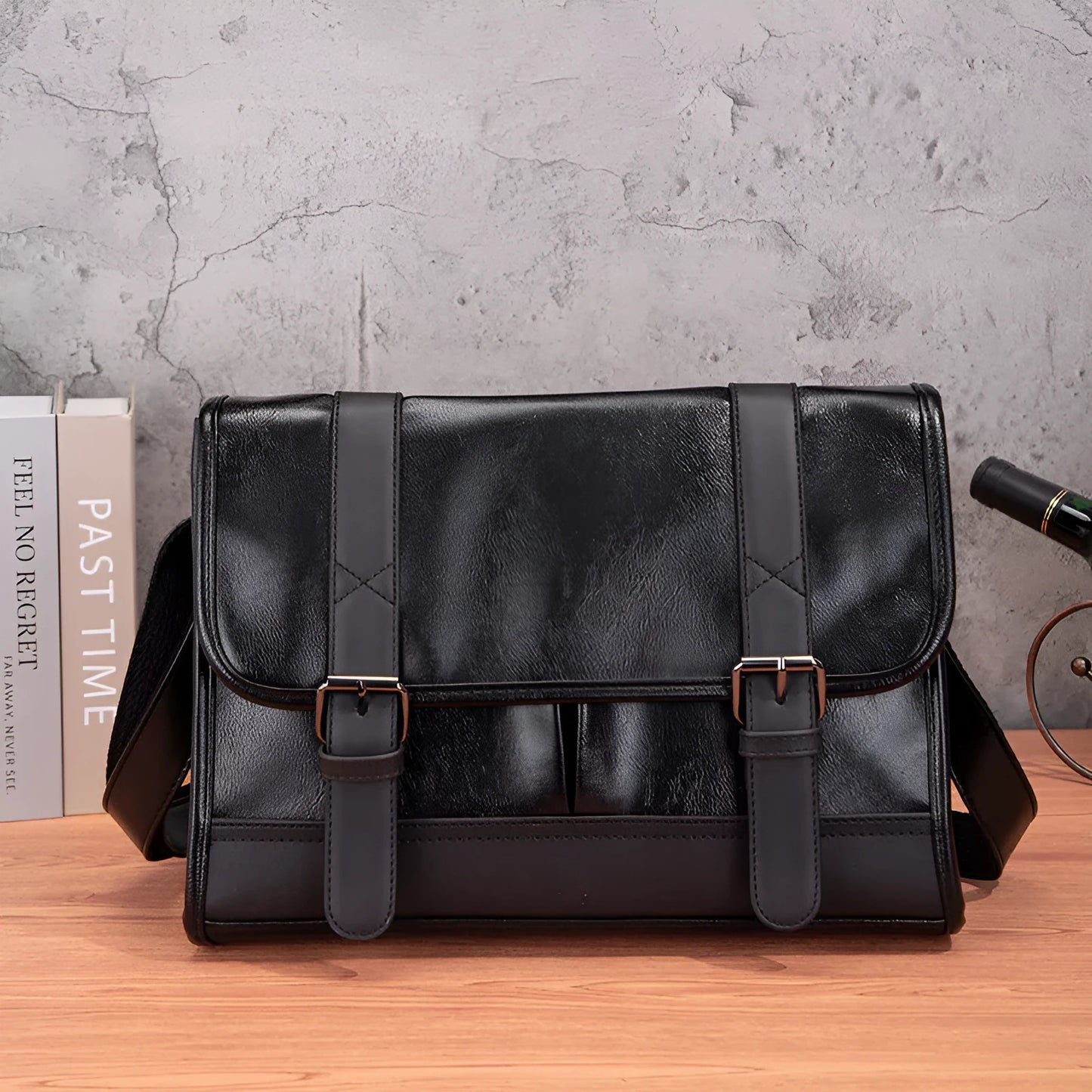 Black Korean style men's commuter backpack with anti-theft function and visible sewing thread details