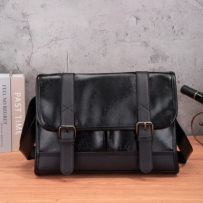 Black Korean style men's commuter backpack with anti-theft function and visible sewing thread details