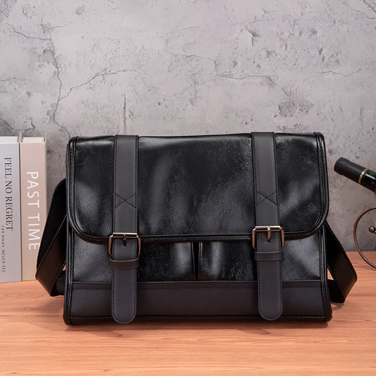 Black Korean style men's commuter backpack with anti-theft function and visible sewing thread details