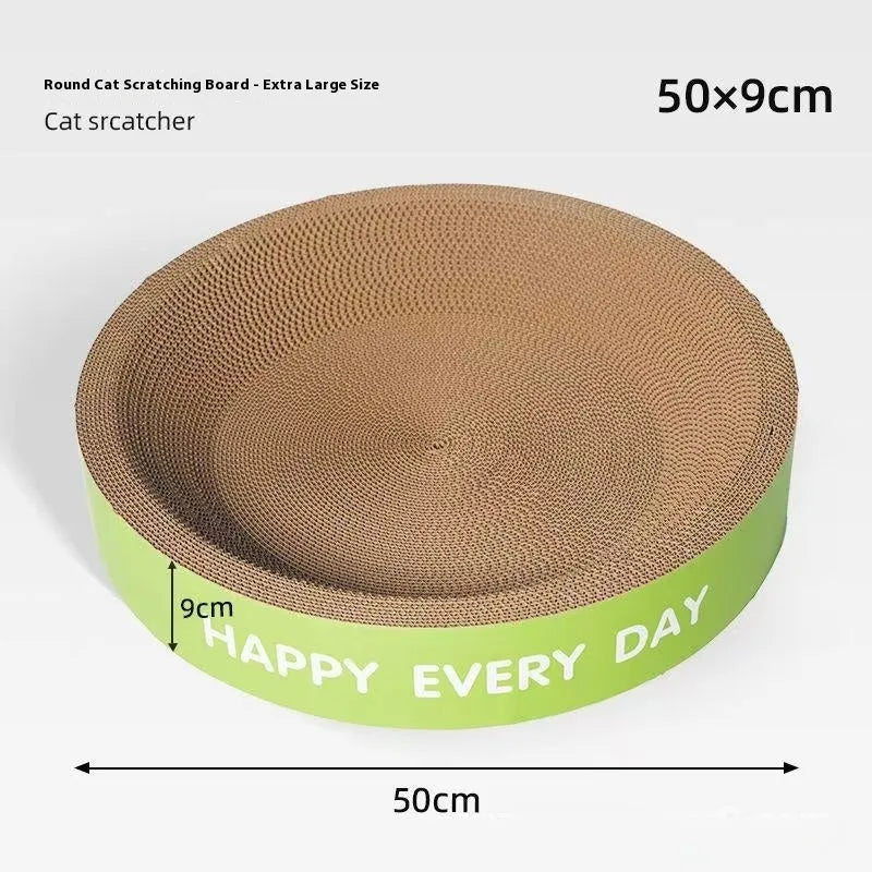 A green round sisal fibre cat scratching board bed, showing its 50cm diameter and central nesting hollow.