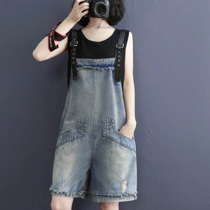 Women's blue denim jean suspenders with adjustable straps, Korean design