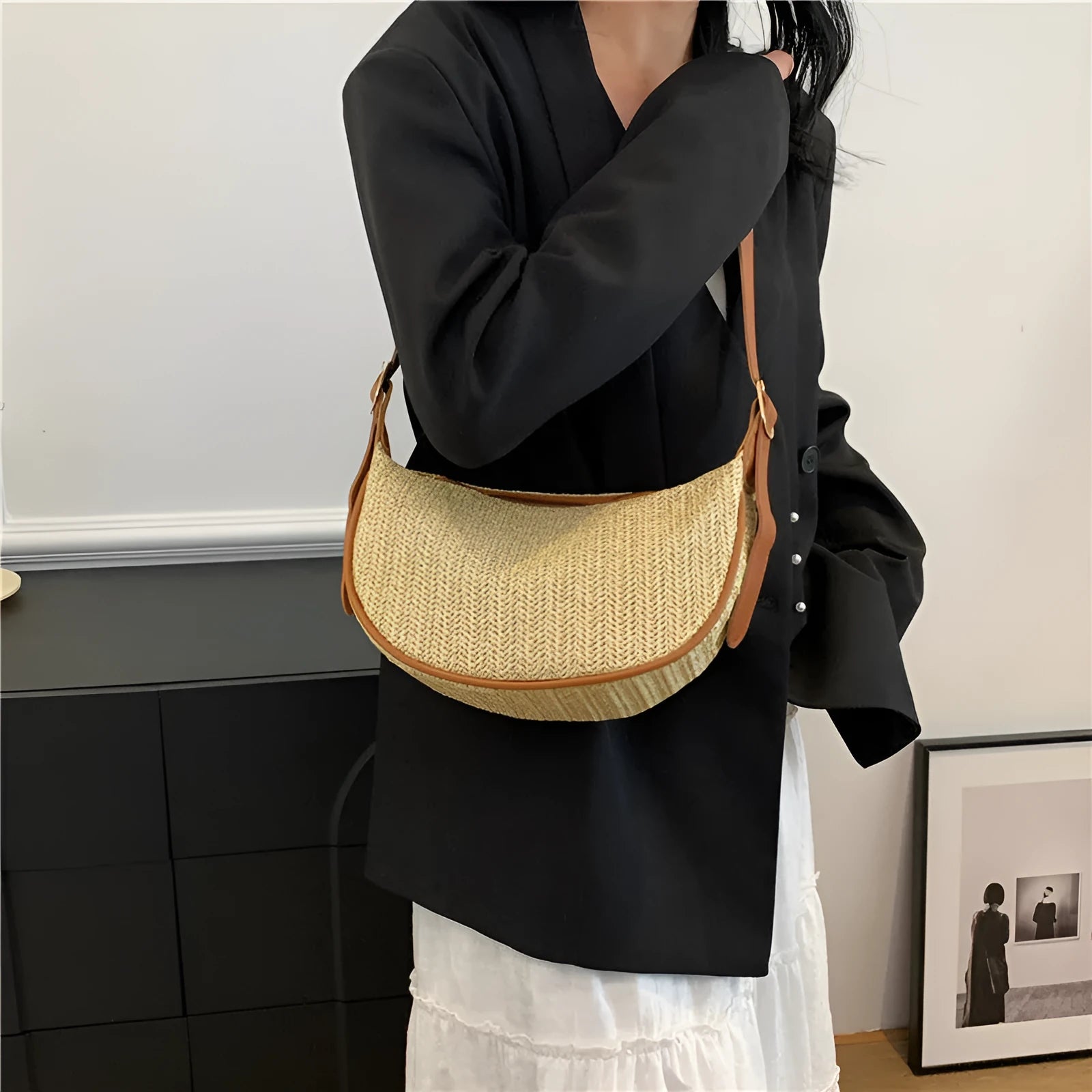 Women's woven straw crossbody bag with internal phone and file pockets in various colours.