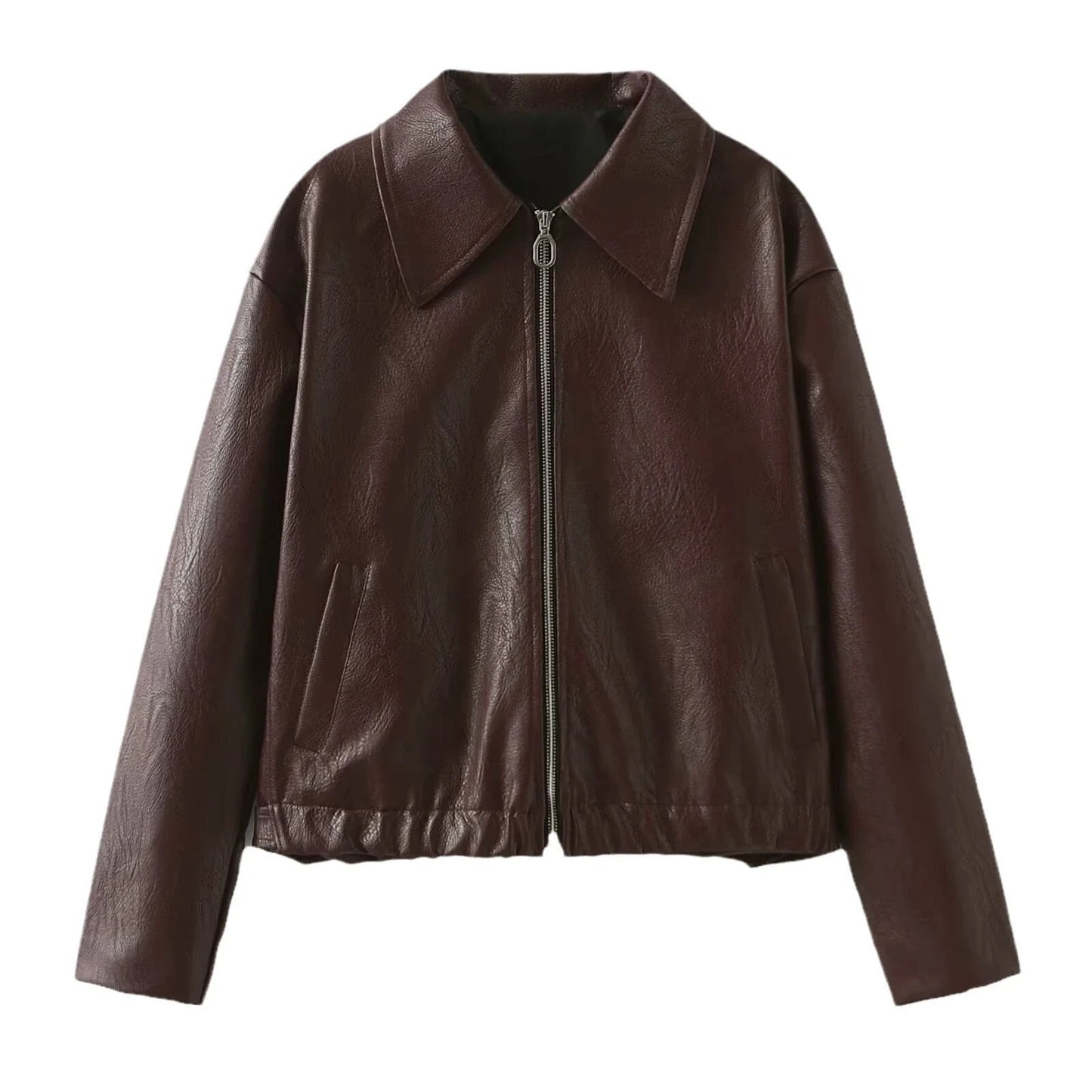 Stylish faux leather jacket with zip-up closure and lapel collar, available in burgundy and black colors