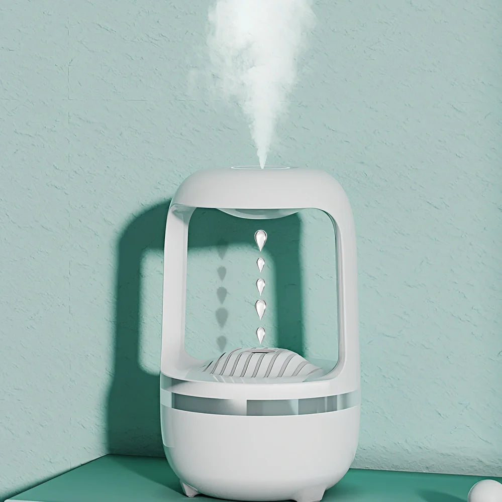 White anti-gravity humidifier showing upward water droplets with 500ml tank and USB-C cable