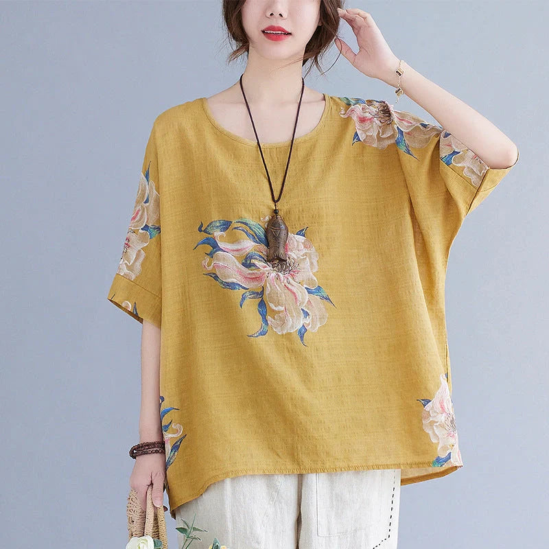 Korean Cotton Hemp Summer Top in yellow and orange with loose fit