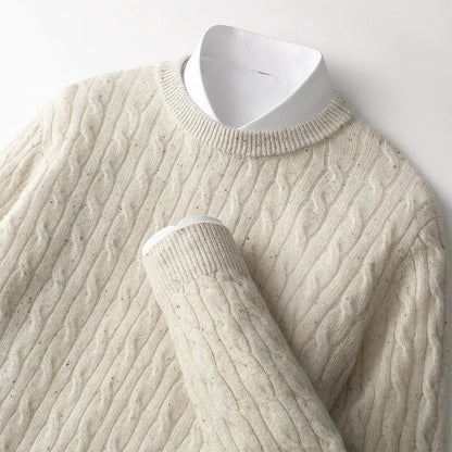 Men's twist round neck wool pullover sweater in white and gray, loose fit, long sleeves, sizes S to 3XL