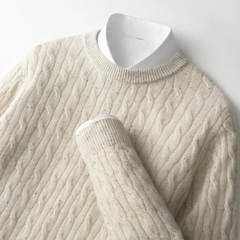 Men's Twist Round Neck Pullover Sweater in Wool with Long Sleeves, Loose Fit, Available in White and Gray and Medium Gray, Sizes S to 3XL, Ideal for Casual Wear