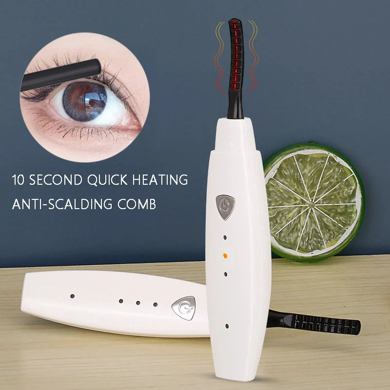 USB rechargeable electric heated eyelash curler in white, pink, black, and blue options