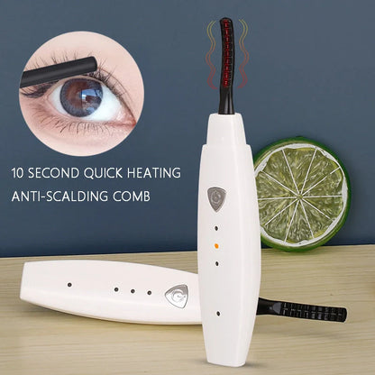 USB rechargeable electric heated eyelash curler in white, pink, black, and blue options
