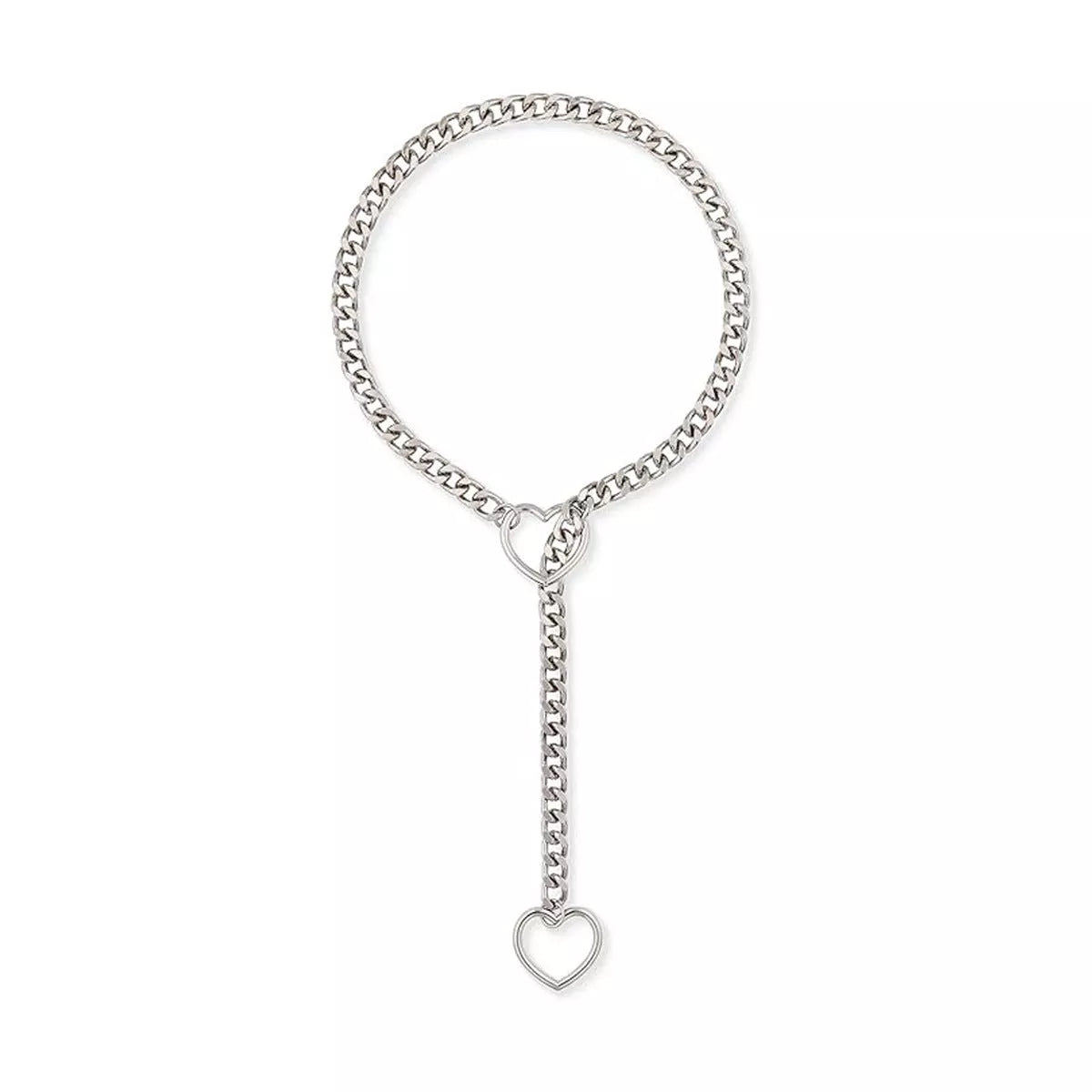 Stainless steel lariat heart necklace with heavy ring and Cuban chain in multiple finishes