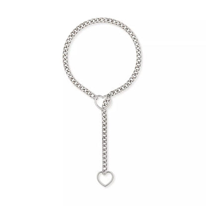 Stainless steel lariat heart necklace with heavy ring and Cuban chain in multiple finishes
