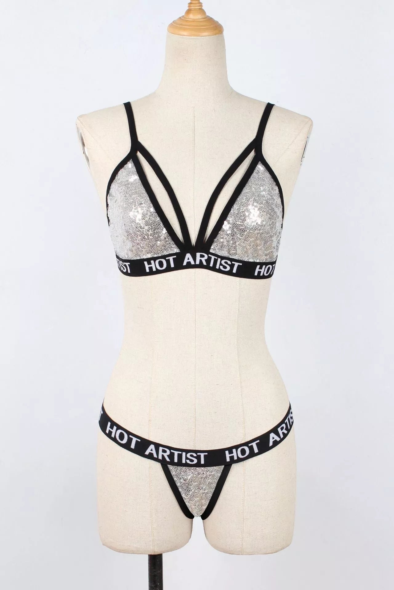 Ladies Fashion Sequin Lingerie Bikini Set in silver and black
