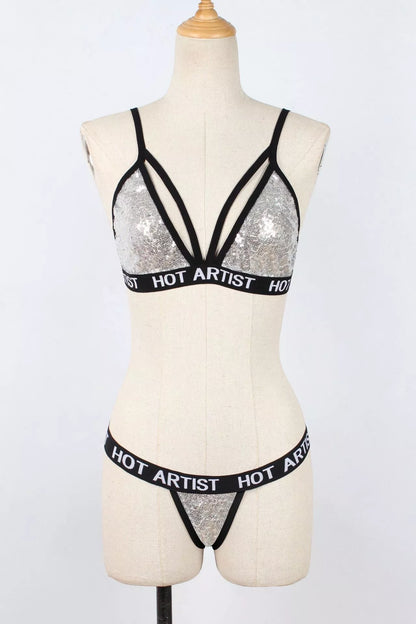 Ladies Fashion Sequin Lingerie Bikini Set in silver and black