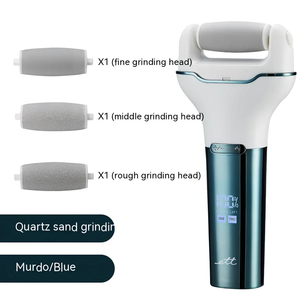 Electric foot grinder with digital display in rose pink colour, showing compact 173×80×30mm waterproof design