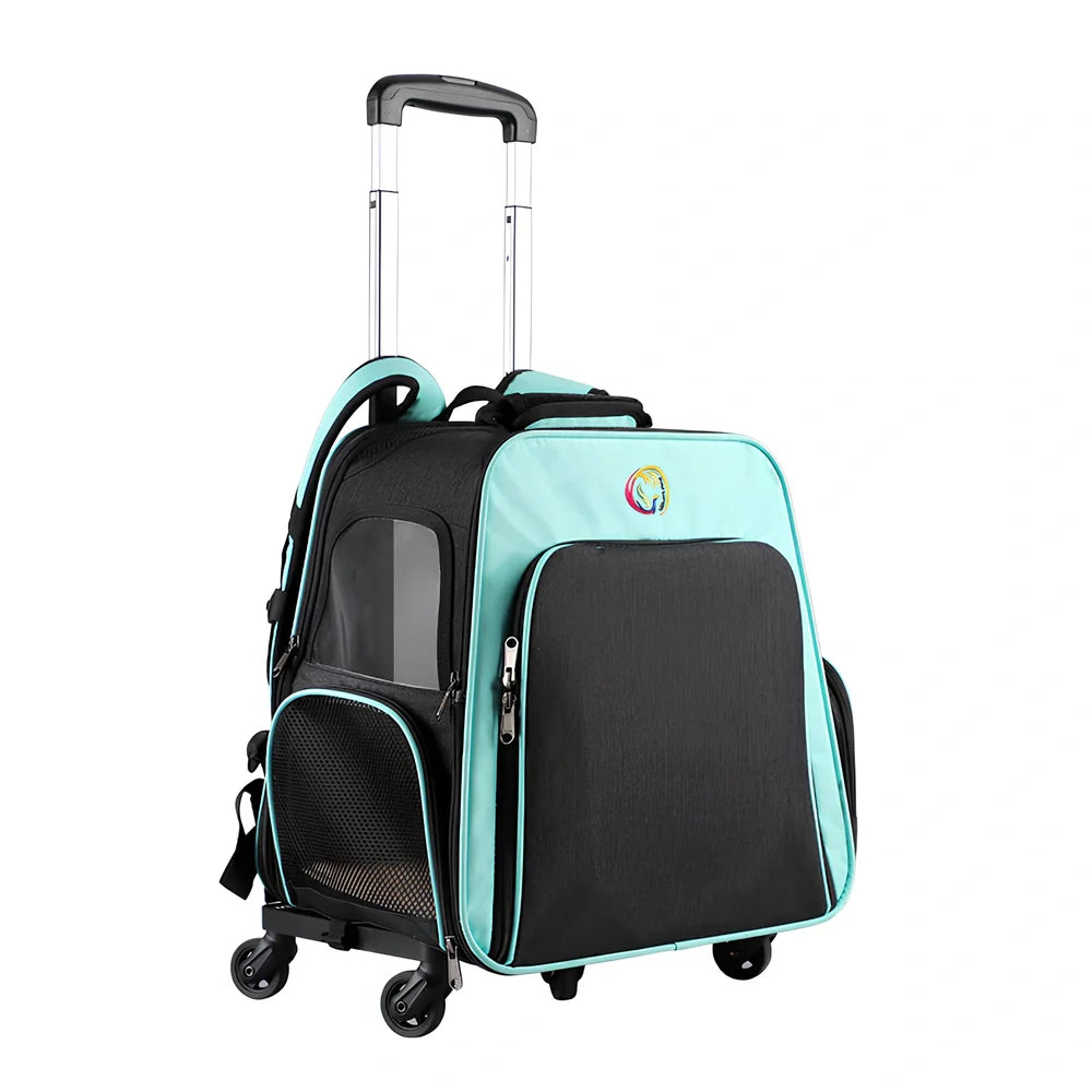 Dark blue pet backpack with mesh ventilation panels showing 33.7L capacity and adjustable shoulder straps