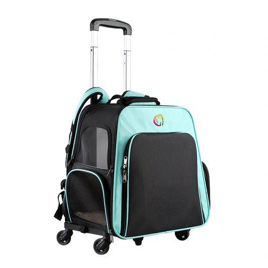 Dark blue pet backpack with mesh ventilation panels showing 33.7L capacity and adjustable shoulder straps