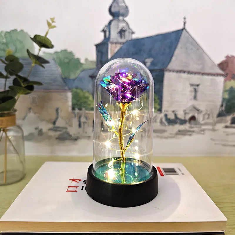 Glass cover small night lamp with plastic flowers, 15cm height, black base, and multiple light colour options