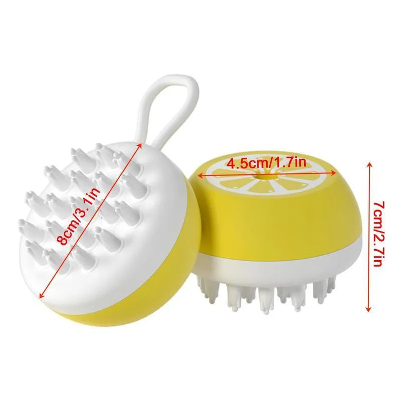 Blue, grey, and yellow 3-in-1 dog shampoo brush with massage points on a white background.