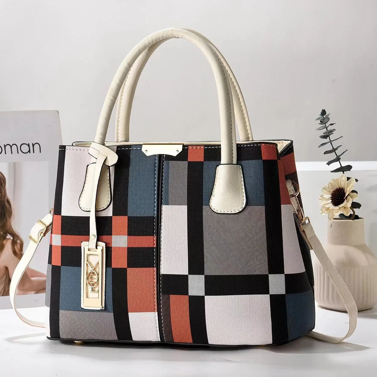 Soft PU leather large capacity shoulder bag in a horizontal square shape with an adjustable strap