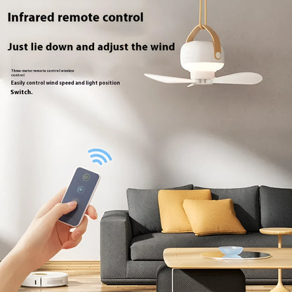 Portable rechargeable ceiling fan with remote control and strap for camping tents