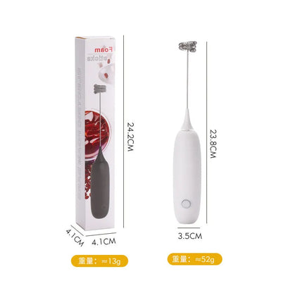 Hand-held electric milk frother in black or white colour, modern design for frothing and blending beverages