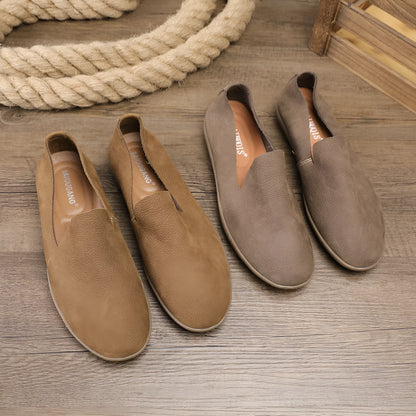 Men's handmade low-top shoes in khaki with wedge heel and rubber sole