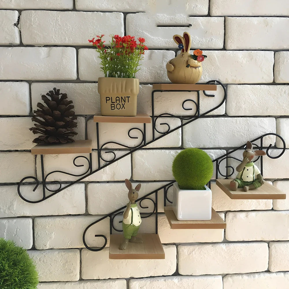 Wrought iron wall hanging with stair-shaped design, 30cm wide, in pastoral style for home decoration