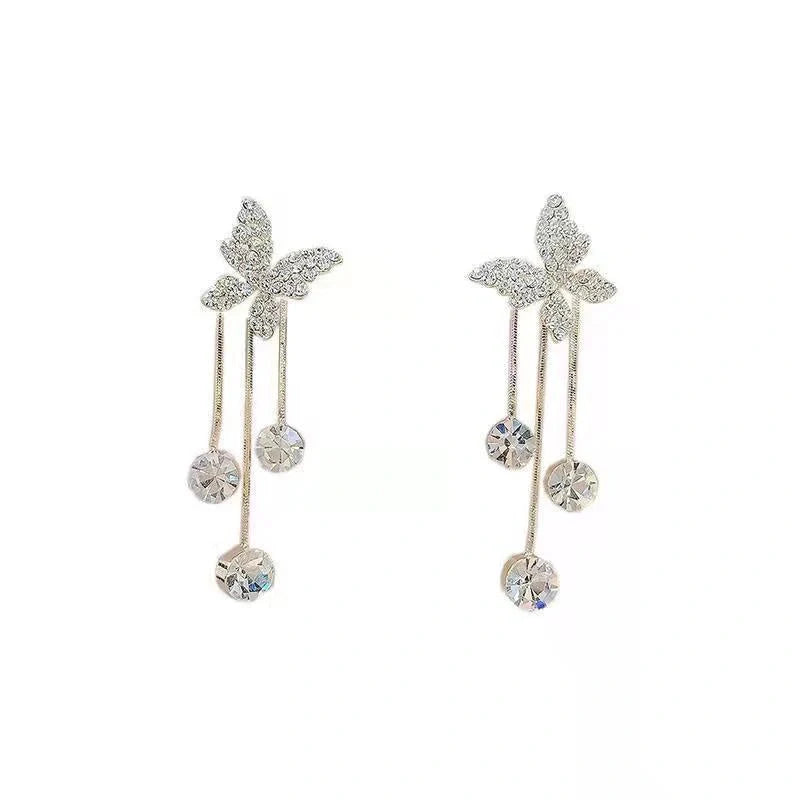 Butterfly rhinestone drop earrings with pearl tassel chain for women