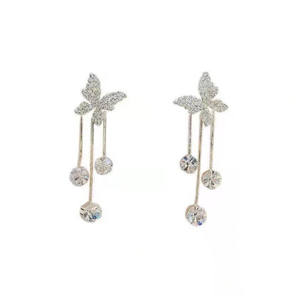 Butterfly rhinestone drop earrings with pearl tassel chain for women