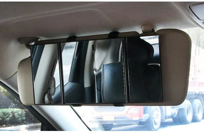 Silver car folding makeup mirror showing folded and opened positions with 30.5cm width