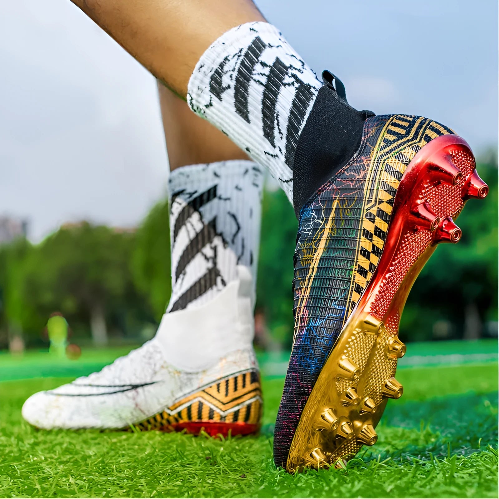 High-top soccer training shoes with gold-plated PVC soles in white, black, and mandarin duck colour options